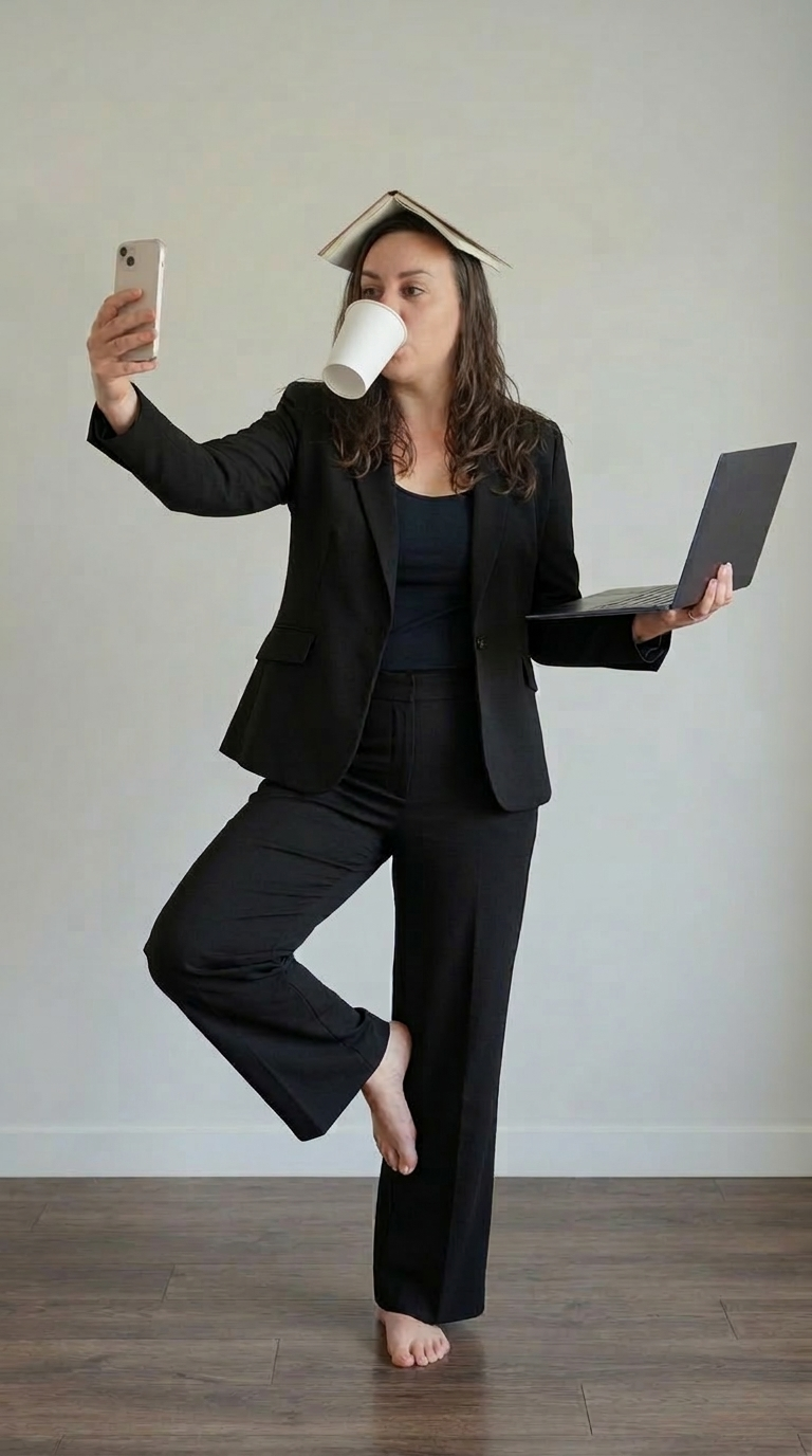 A woman juggling a phone, coffee, laptop, and a book balanced on her head — the everyday reality of running a business on memory.
